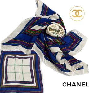 Chanel -ONLY ONE- Authentic Blue & Colorful Stripe Large 34" Silk Scarf, Vintage